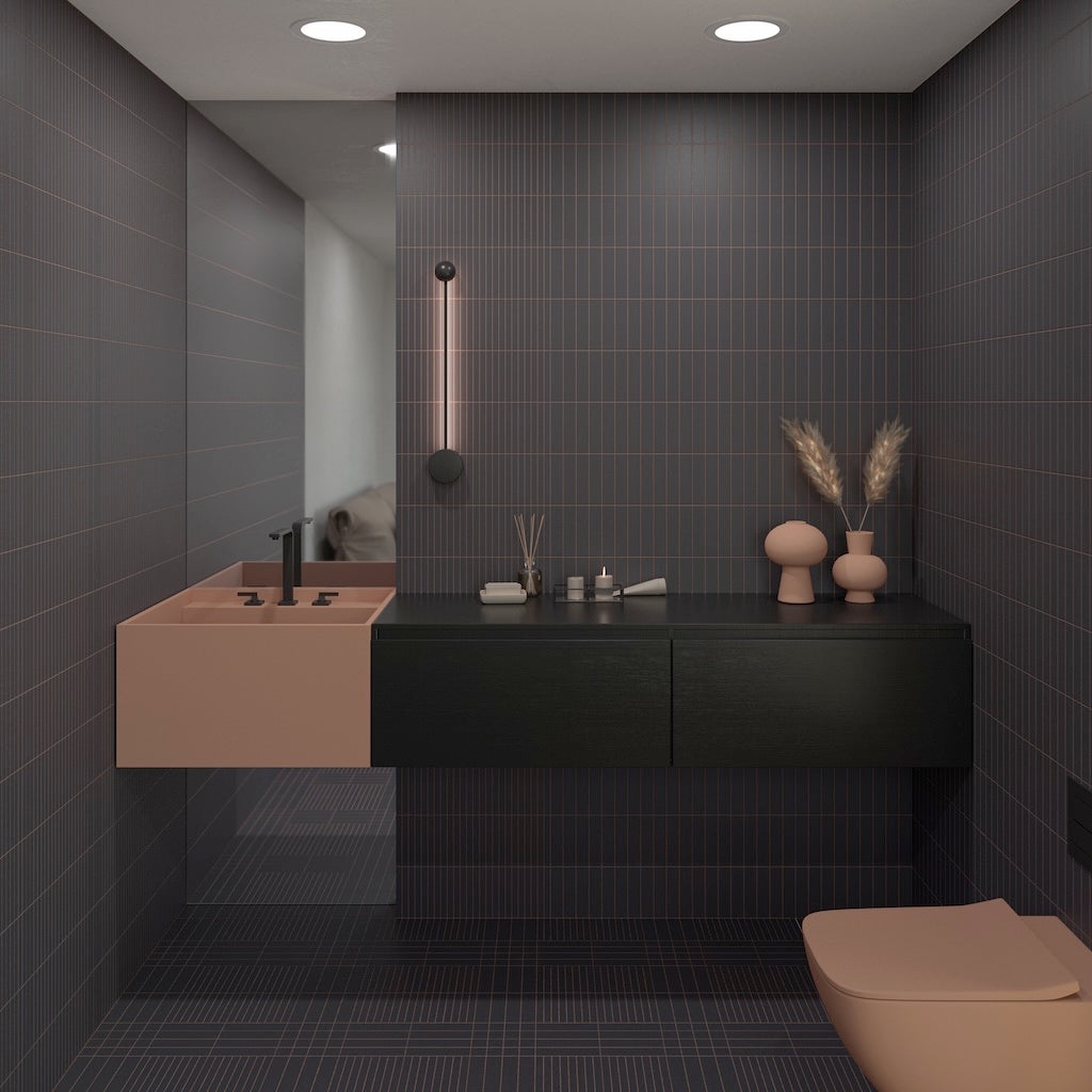 Modernes Badezimmer mit WOW Raster Fliesen in Basalt, Lines-Struktur an Wand und Boden, matte Keramikfliesen in handgemachter Optik mit klarer, geometrischer Linienführung und dunkler, architektonischer Raumwirkung.