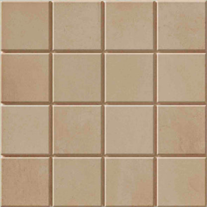 WOW Raster Grid S Fliese in Clay, quadratische Keramikfliese mit geometrischem Rasterrelief und matter Oberfläche in handgemachter Optik für moderne Wand- und Bodenflächen mit warmer, ruhiger Struktur.
