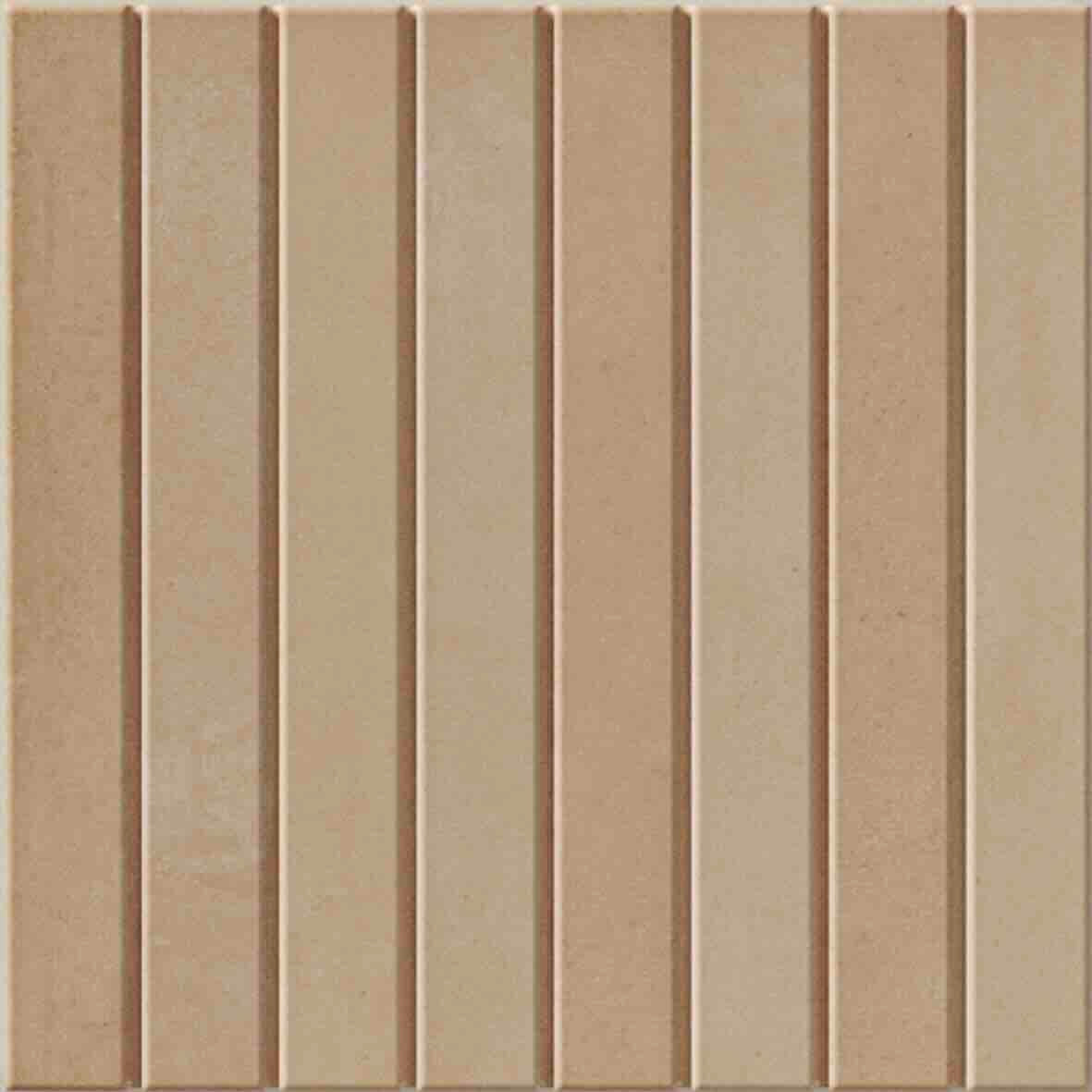 WOW Raster Lines S Fliese in Clay, quadratische Keramikfliese mit vertikalem Linienrelief und matter Oberfläche in handgemachter Optik für moderne Wand- und Bodenflächen mit warmer, architektonischer Struktur.